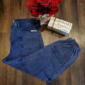 We The Free FP Free People Blue High Rise Cargo Denim Jogger Pant Large NWT